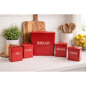 Red Metal Bread Box Canister Set Tea Sugar Coffee Biscuits 5pc Farmhouse Retro